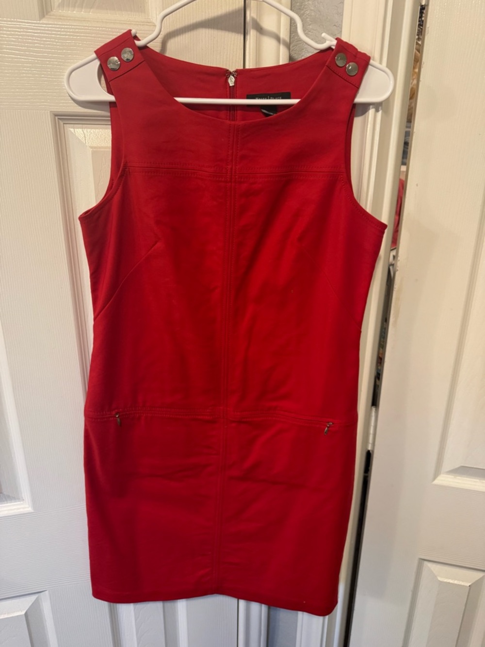 White House Black Market Red Sleeveless Shift Dress with Snap-Shoulder Detail